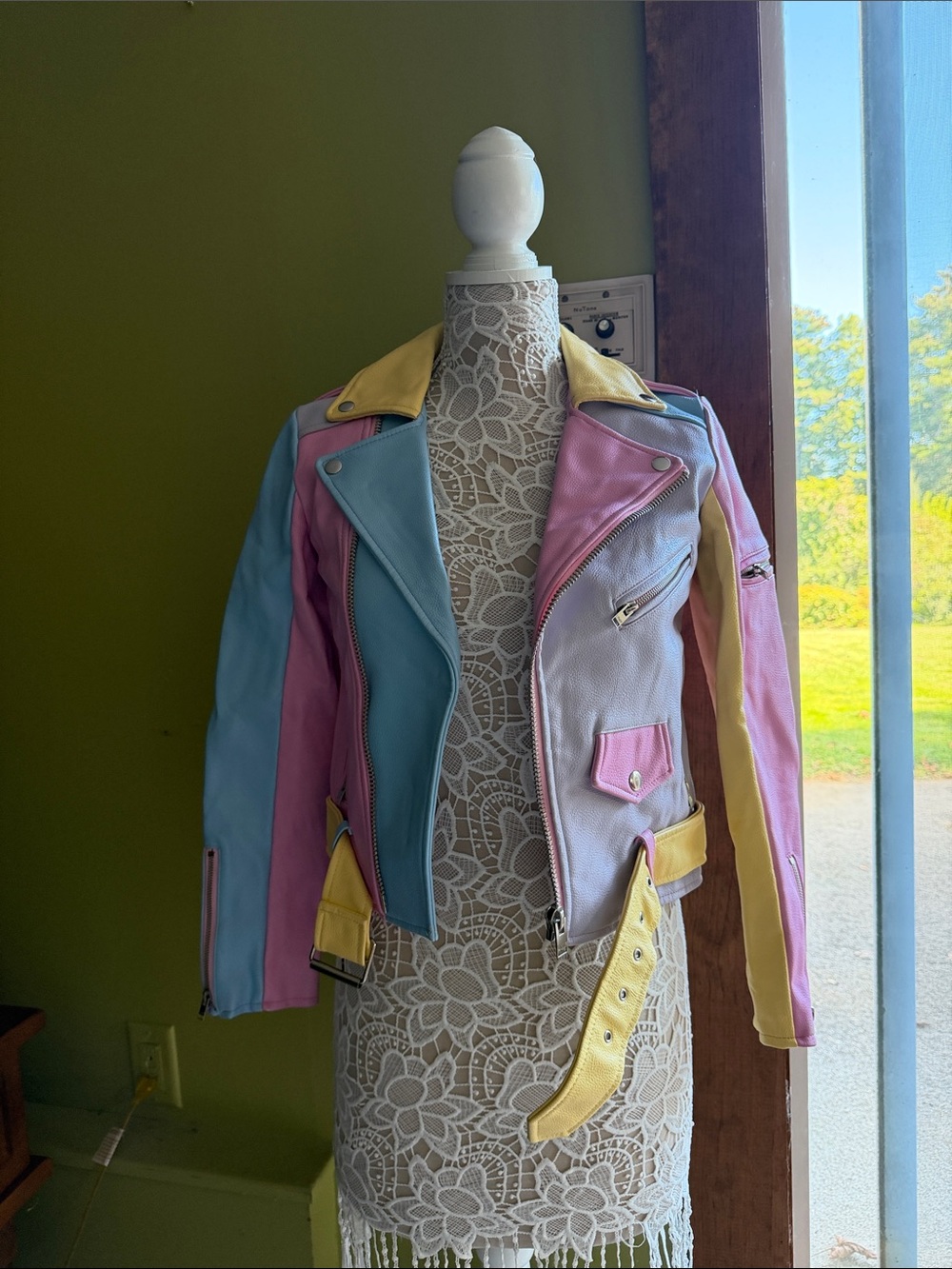 UNIF Pastel Colorblock Moto Jacket - Pink, Blue & Yellow